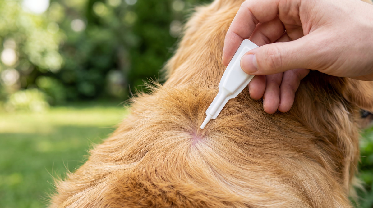 Man applying flea and tick repellent drops on dog fur. Preventive treatment against parasite and lyme disease infection. Veterinary care product for pet health and skin protection.
